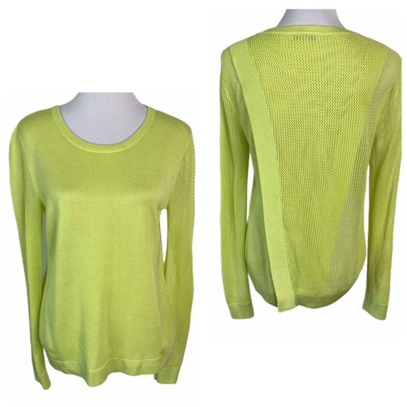 CAbi Sweaters - CAbi #199  Neon Yellow Long Sleeve Split Back Open Stitch Knit Sweater Size S